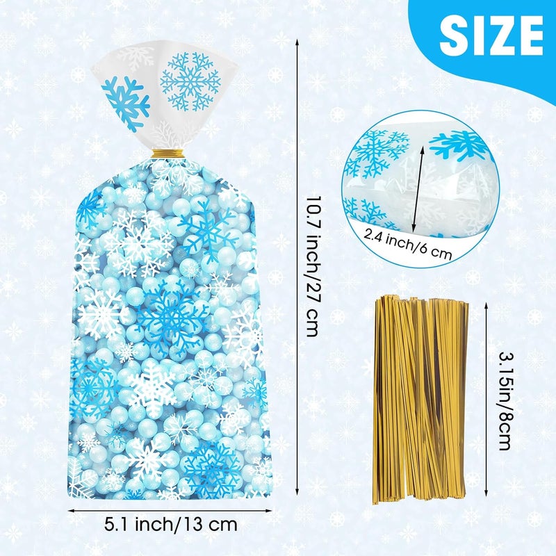 Litmitfu 100 Pcs Winter Snowflake Treat Bags - Christmas Gift Bags, Blue White Plastic Snowflakes Cello Candy Goodie Cookie Snack Cellophane Bag with Twist Ties for Xmas Holiday Winter Wonderland Party Favors - Image 4